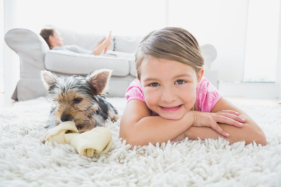 Young child and puppy laying on a soft rug
