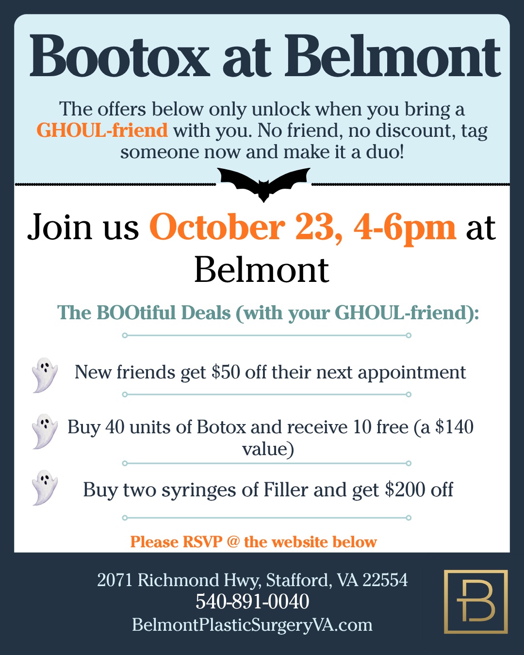 Bootox at Belmont — October 23, 4-6pm. Bring a friend to unlock exclusive Botox and filler deals.
